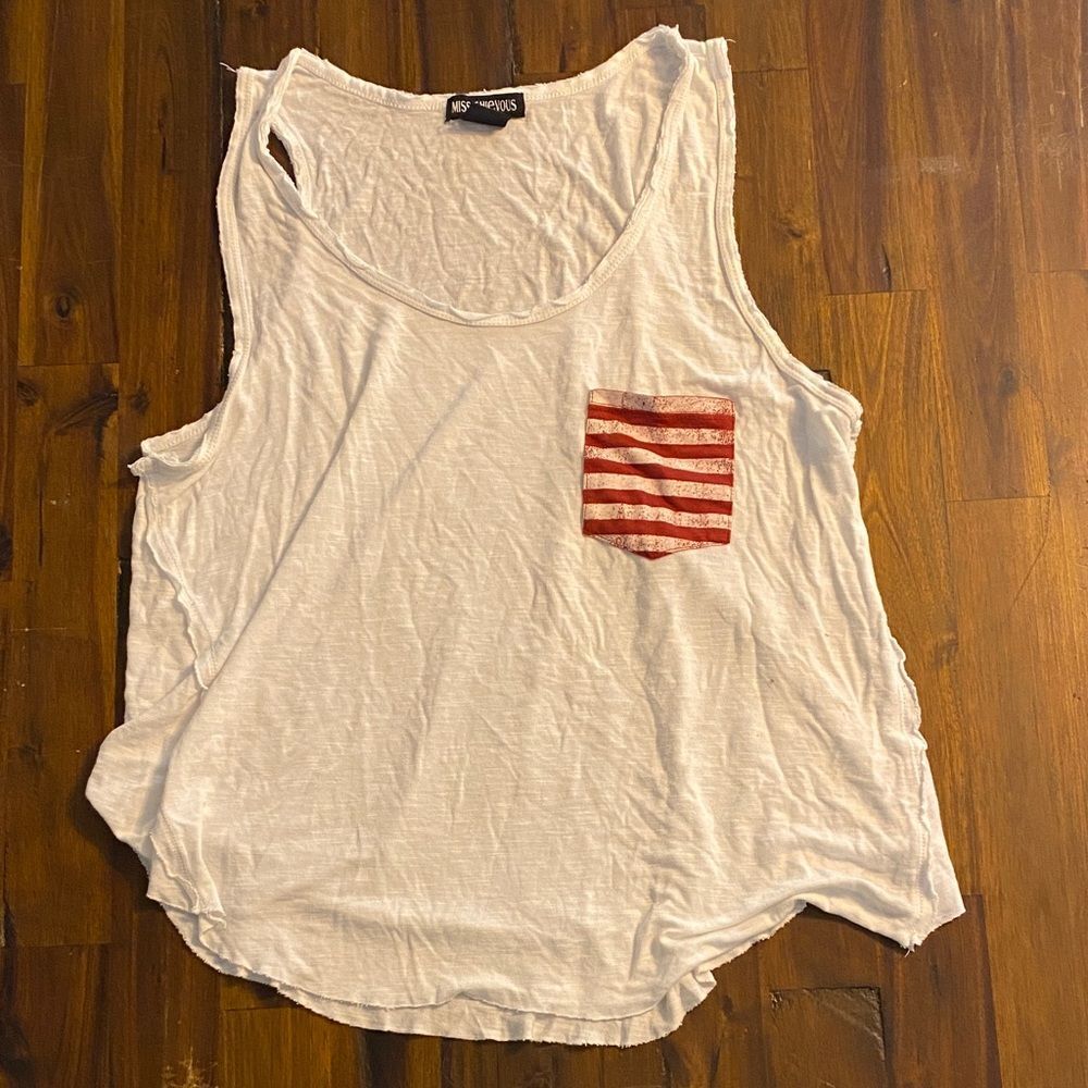 Miss Chievous White Tank Top with Red Striped Pocket